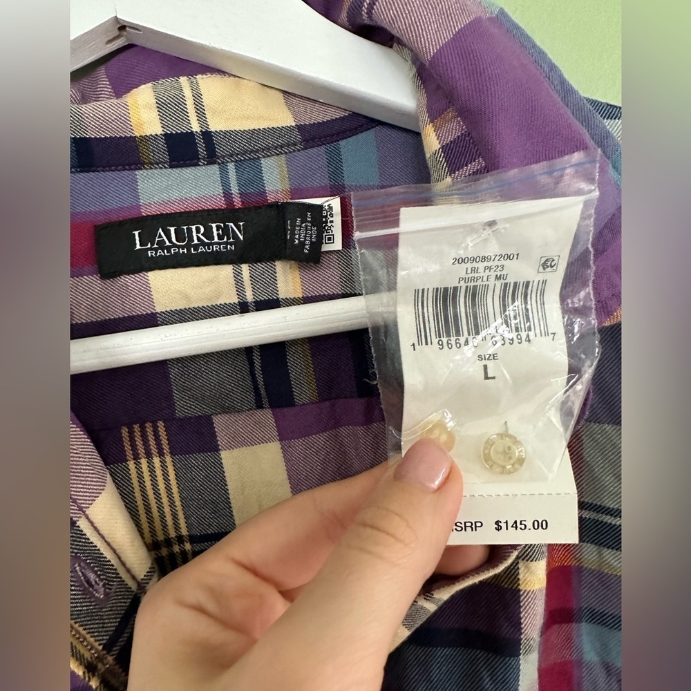 lauren ralph lauren Flannel Shirt Sz L Plaid Elbow Patch Button Down FLAW Purple - Picture 4 of 5